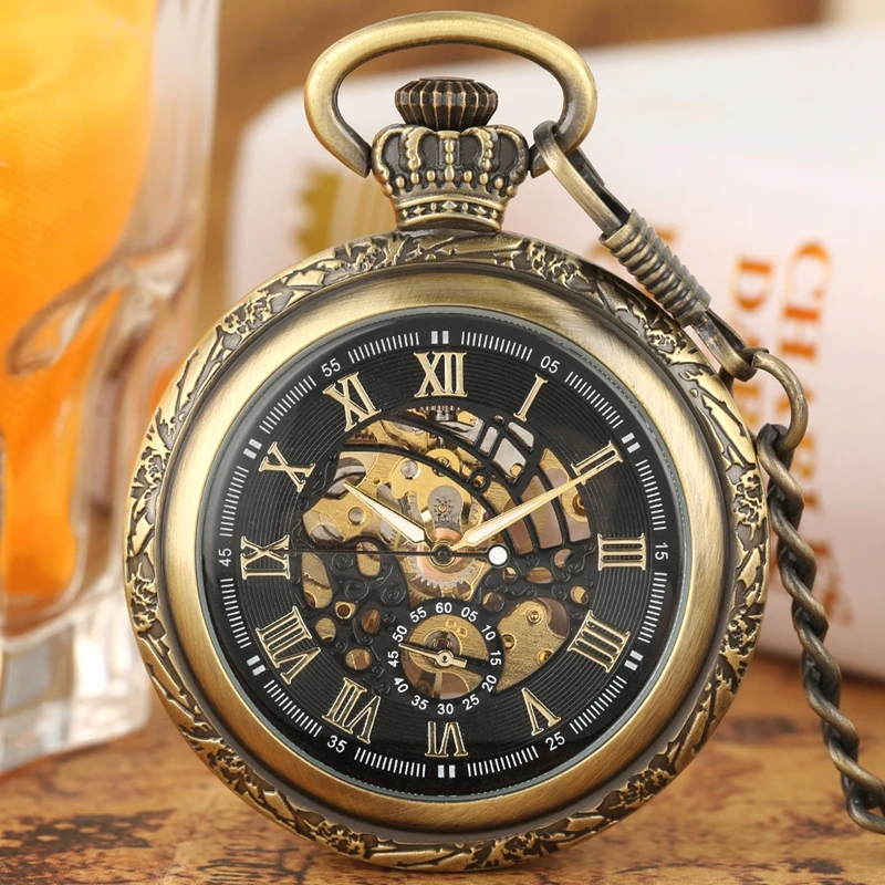 Retro Bronze Antique Steampunk Roman Numerals Display Mechanical Pocket Watch Hand-Winding Pendant Clock Fob Chain Gifts for Men