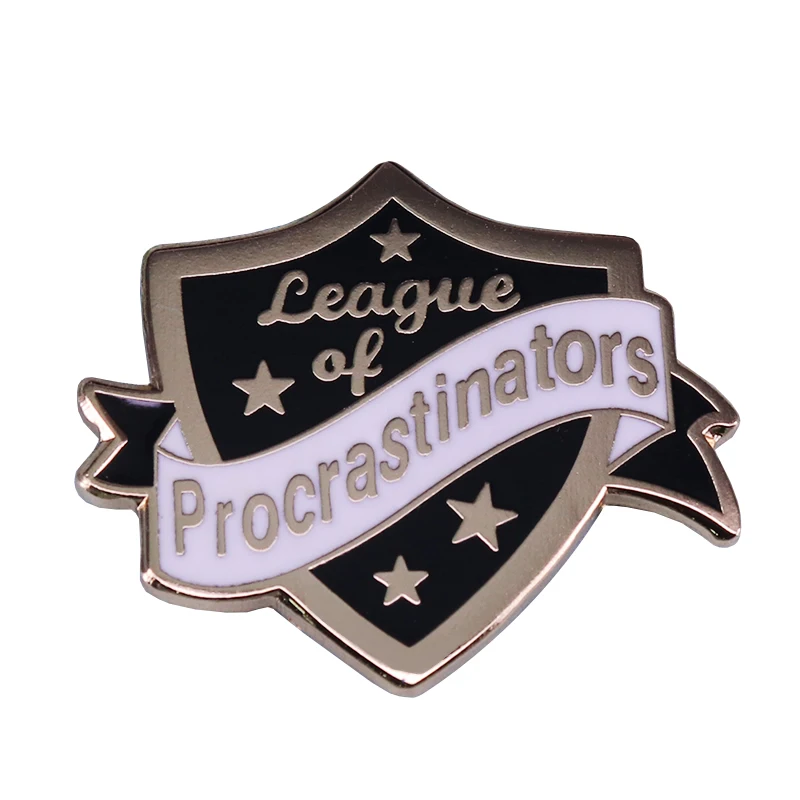 This funny league lapel pin celebrates the procrastinator in all of us!