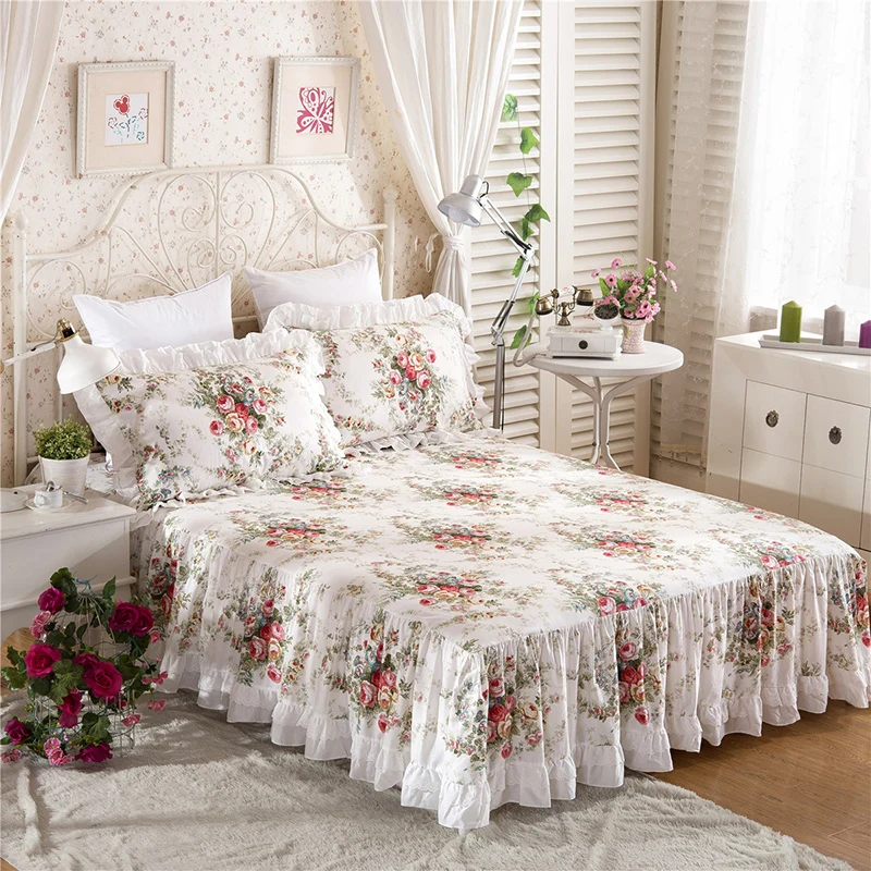 

100% Cotton Princess Bed Skirt Korean Style Bedding Flower Printing Ruffle Bedspread Sheet Mattress Cover With Pillowcases