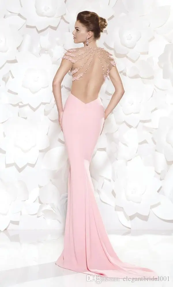 2023 Glamorous Sheer Crew Pink Evening Pleat Rhinestones Mermaid Sexy Beads Backless Formal gown mother of the bride dresses