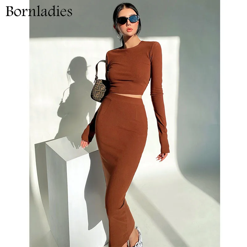 Bornladies 2022 Women Slim Tracksuits Short T Shirt & Elastic Waist Length Skirts Sets Female Sexy Skinny 2 Pieces Sets