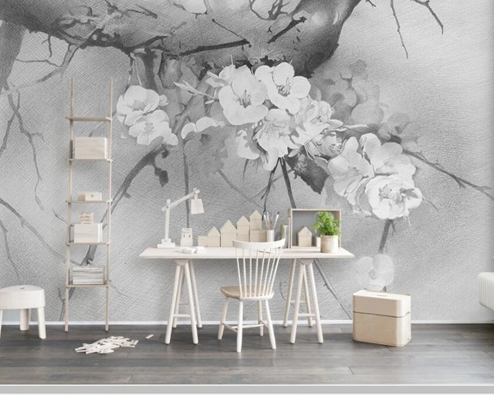 

Papel de parede grey hand-painted style cherry blossom 3d wallpaper,living room tv wall bedroom wall papers home decor mural