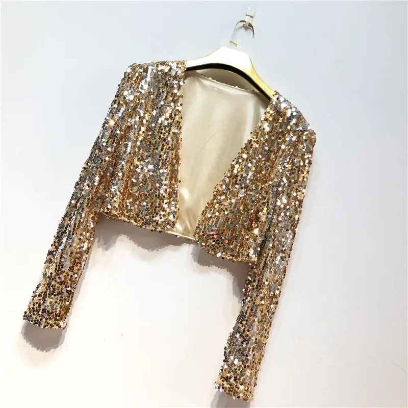 SIDAIMI Women Coat Shining Sequined Long Sleeve Cropped Length Open Front Bolero Shrug Sequin Cardigan Short Jacket 20#