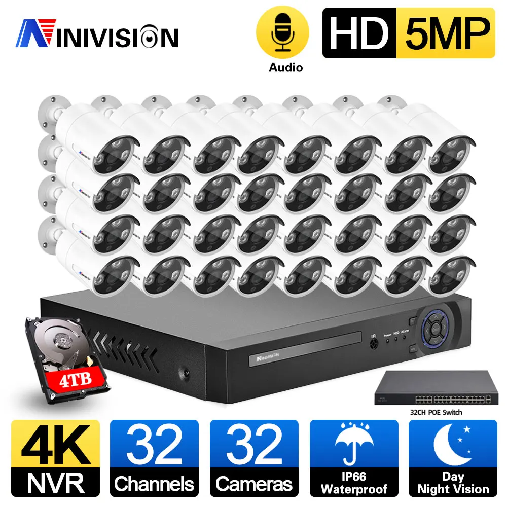 

32CH 4K NVR 5MP POE Kit CCTV Security System Audio WaterProof Outdoor Day&Night Ip Camera Video Surveillance Set AI Face Record