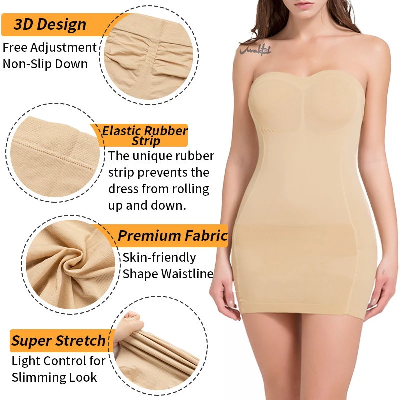 Seamless Slips For Women Off Shoulder Under Dress High Waist Shapewear Dresses Tummy Control Skirt Body Shaping Smoother