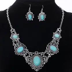 Women\'s Hollow Tibetan Oval Turquoise Bib Collar Necklace Earrings Jewelry Set