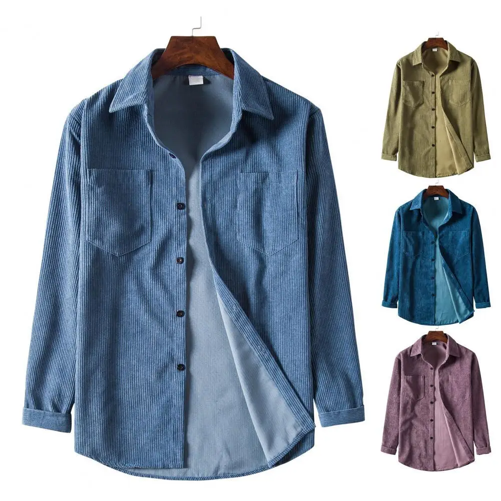 Long Sleeve Solid Color Shirt Coat All-matched Two Pockets Turn-down Collar Corduroy Shirt Male Outwear