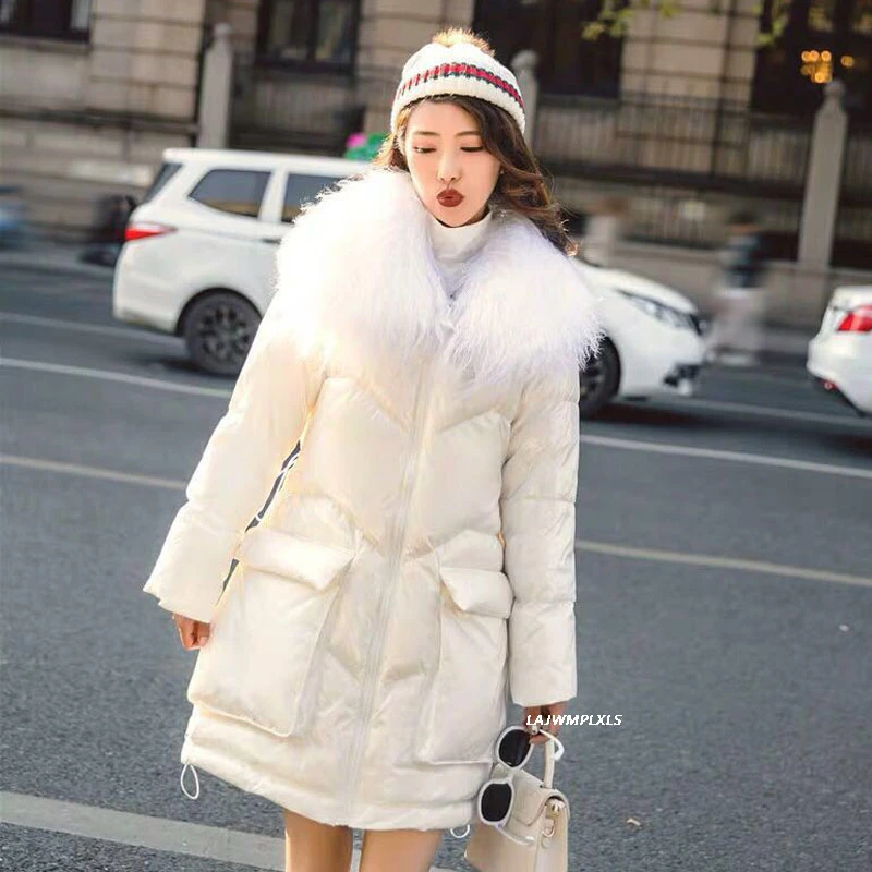 2022 Winter Down Jacket Women 90% White Duck Down Coat Parkas Patent Leather Glossy Outwear Real Lamb Fur Collar Thick Coat Y192