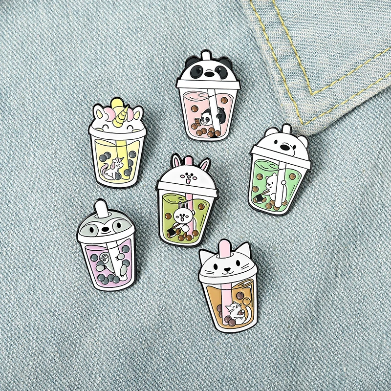 Bubble Milk Tea Enamel Pins Animal Cup Lid Super Cute Brooches Badges Clothes Bag Lapel Pin Cartoon Jewelry Gift for Friends