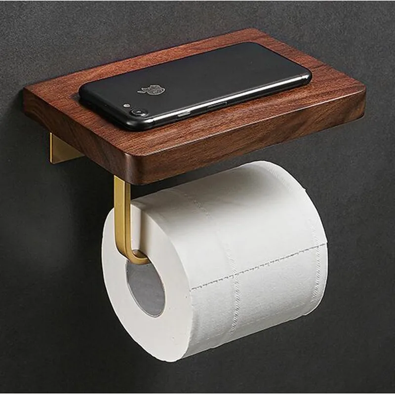 Paper holder Wood and Brass wall mounted bathroom phone holder with paper holder bathroom accessories brush gold