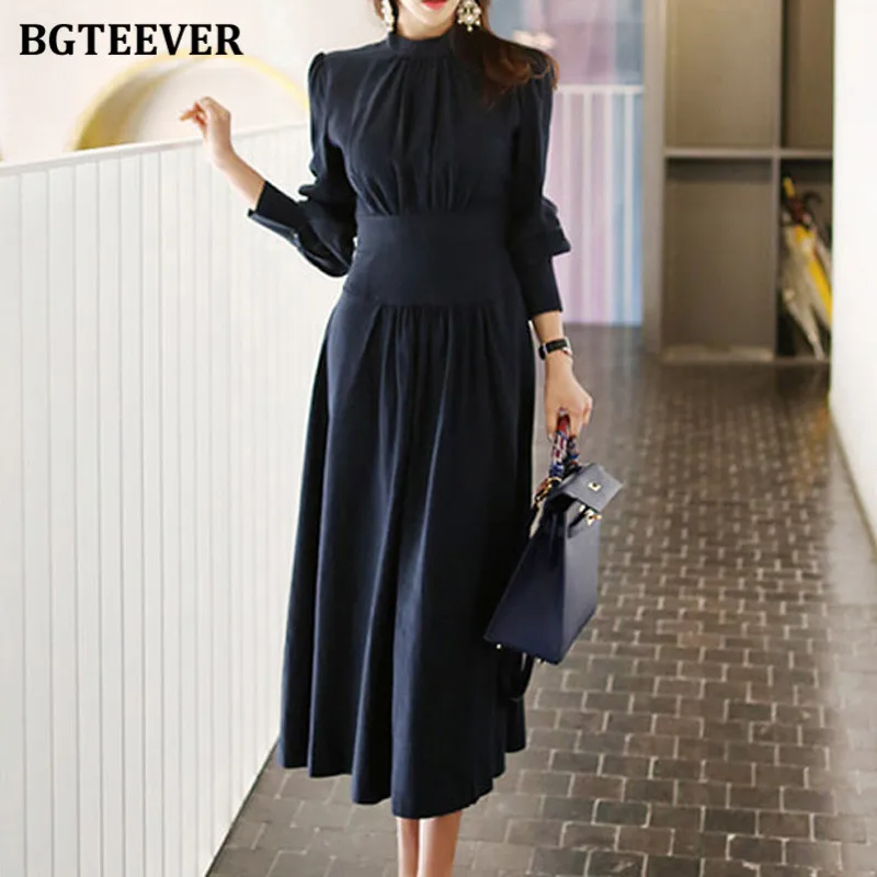 

BGTEEVER Элегантное женское офисное платье с воротником-стойкой и рукавами-фонариками, приталенное, А-силуэт, с драпировкой, длинное, для вечеринок