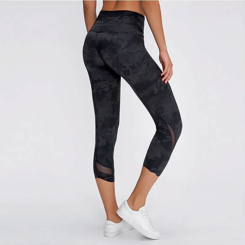 2024 Women Running Capris Yoga High Waist Skinny 4 Way Stretch Capris Fitness Leggings Sexy Net Yarn Cpairs