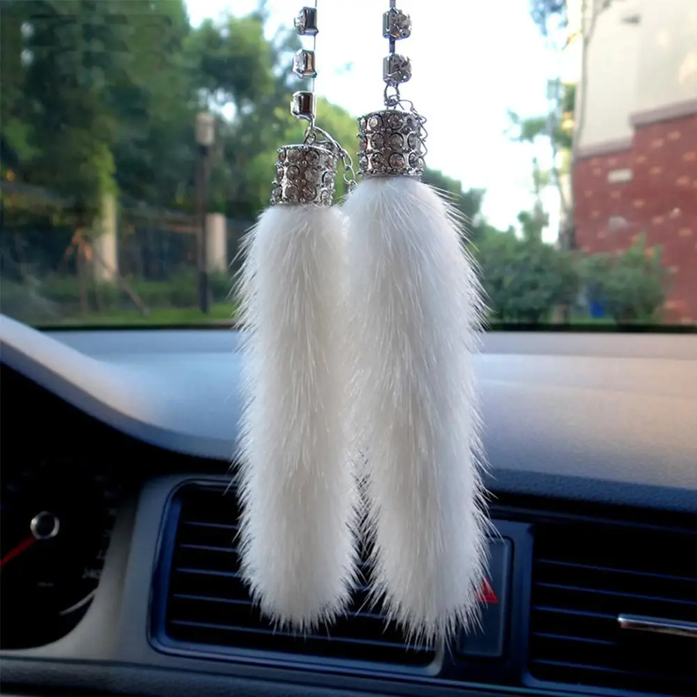 Wholesale Fashion Car Crystal Diamante Pendant Mink Fur Rearview Mirror Hanging Fox Plush Ornaments Charm Auto Interior Decorate
