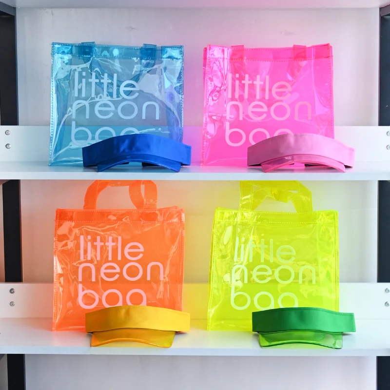 Hot Sale Candy Color Women Shopping Bags Fashion Pvc Clear Large Neon Tote Bag And Sun Visor Shade Hat Set