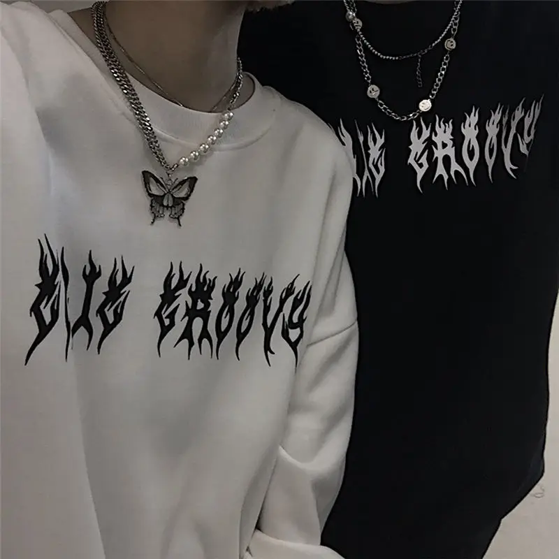 Harajuku Gothic Oversized Hoodies Streetwear Hip-hop Cool Couple High Street Sweatshirt Women Autumn Casual Loose Pullovers Tops