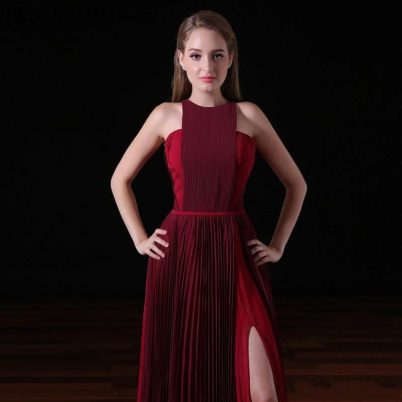 2025 novo borgonha chiffon vestidos de noite longos halter feminino vestido formal sexy fenda festa à noite baile personalizado robe de soiree