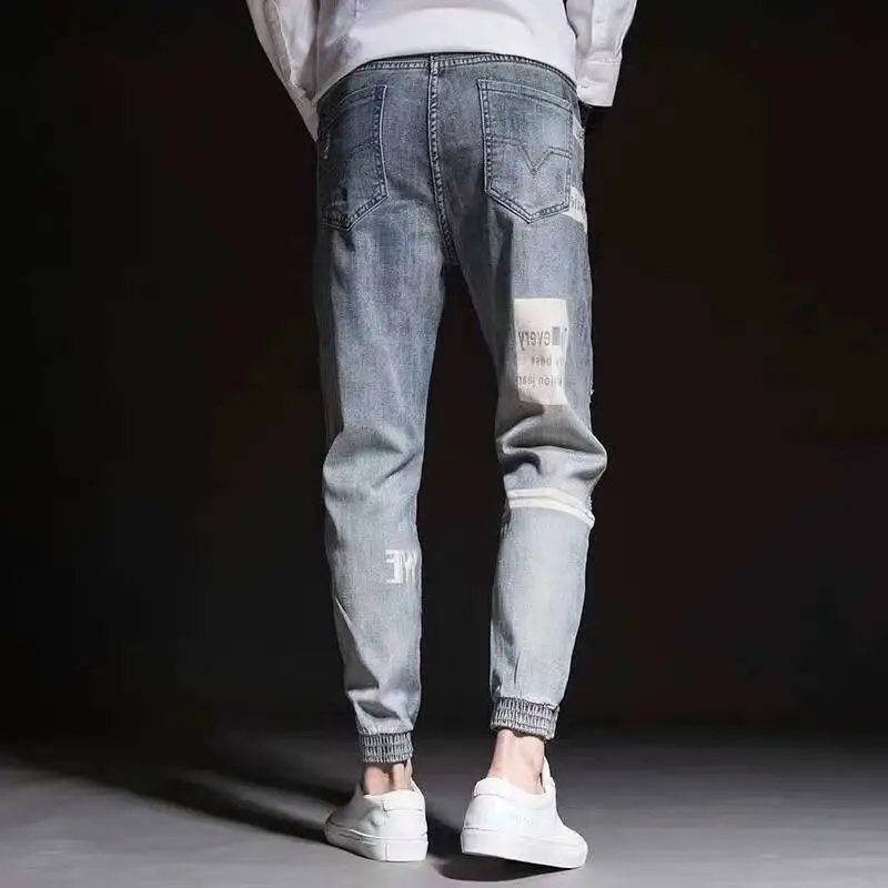 Designer Jeans for Men Letter Print Male Harem Pants Baggy Jeans Distressed Man Cargo Jeans Ankle Banded Hip Hop Ripped Jeans