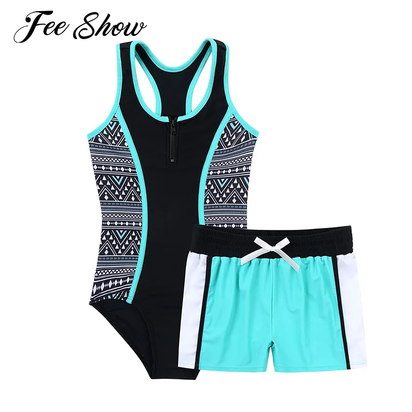 2Pcs Kids Girls Brazilian Swimming Suits One-piece Sleeveless Racer Back Jumpsuit and Boyshorts Set Beach Swimwear Bathing Suits