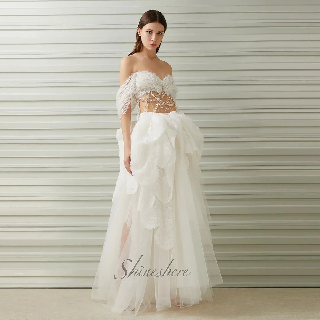 Jusere bridal dress off the shoulder A-line bridal gown with sweep train ruffle sweetheart wedding dress