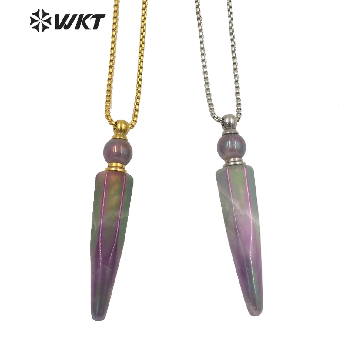 

WT-N1282 Wholesale Natural amethysts stone bullet shape essencial oil necklace lady 24 inch stainless stone perfume necklace