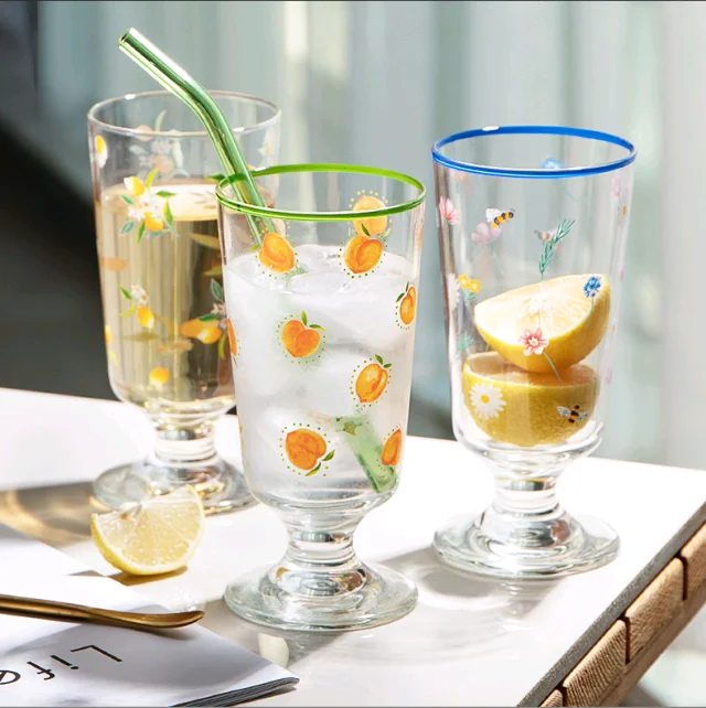 Clear Bar Drinking Goblet Korean Phnom Penh Cute Printed Glass Cup French Romantic Shorty Ice Cream Cup Dessert Mojito Wine Cup