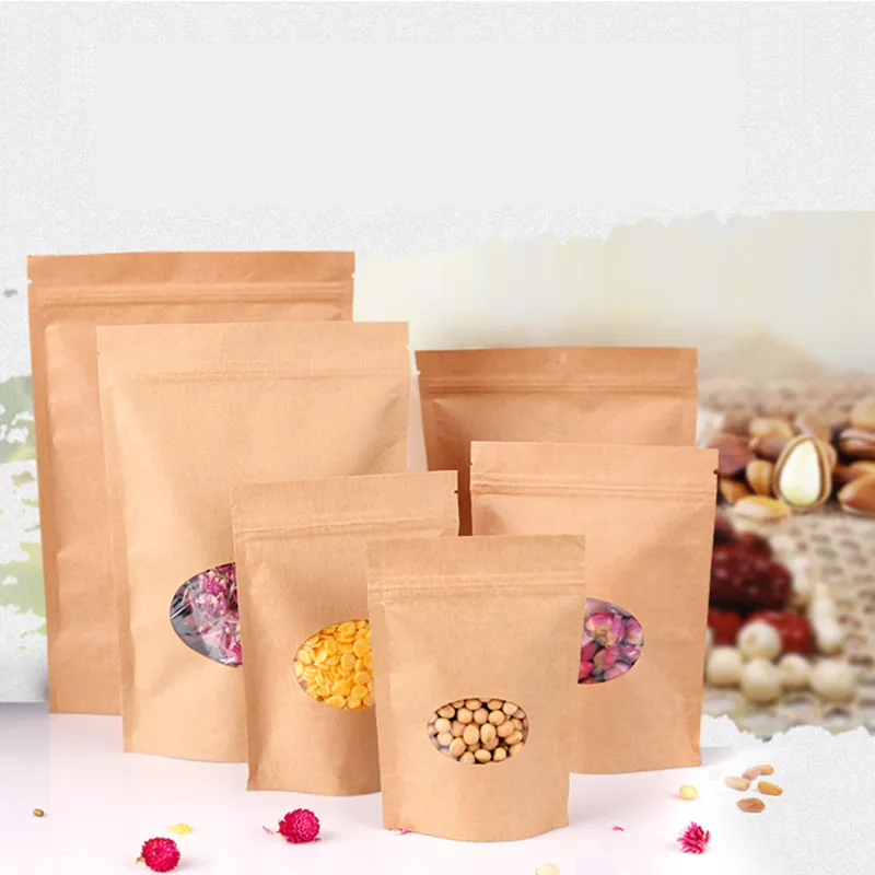 

6.7''x9.4'' (17*24cm) Kraft Paper Zipper Pack Bag For Coffee Nuts Doypack Party Ziplock Stand Up Bag W/ Clear Round Window 50Pcs