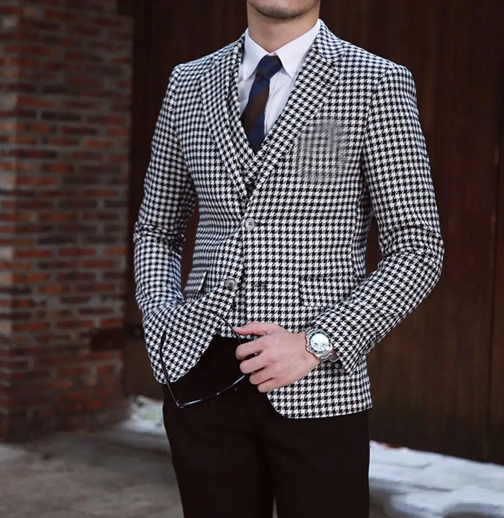 Ternos dos homens ternos clássicos checkered smoking blazer formatura formal vestido feito sob encomenda de qualidade superior casamento smoking (jaqueta + calças + colete)