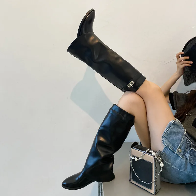 Shark Lock Women Punk Boots Brand Design Genuine Leather Knee High Ladies Boots Pointed Toe Fold High Heel Wedge Botas Mujer