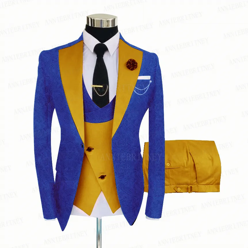 Royal Blue Men Suit 3 Pieces Tailored Best Man Groom Wedding Tuxedo Slim Fit Jacquard Blazer Suit Jacket Yellow Vest Pants Set