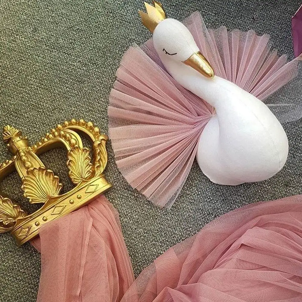 Lovely 3D Crown Swan Wall Art Hanging Plush Stuffed Doll Golden Crown Elegant Kids Girl Bedroom Decor Soft and Safe