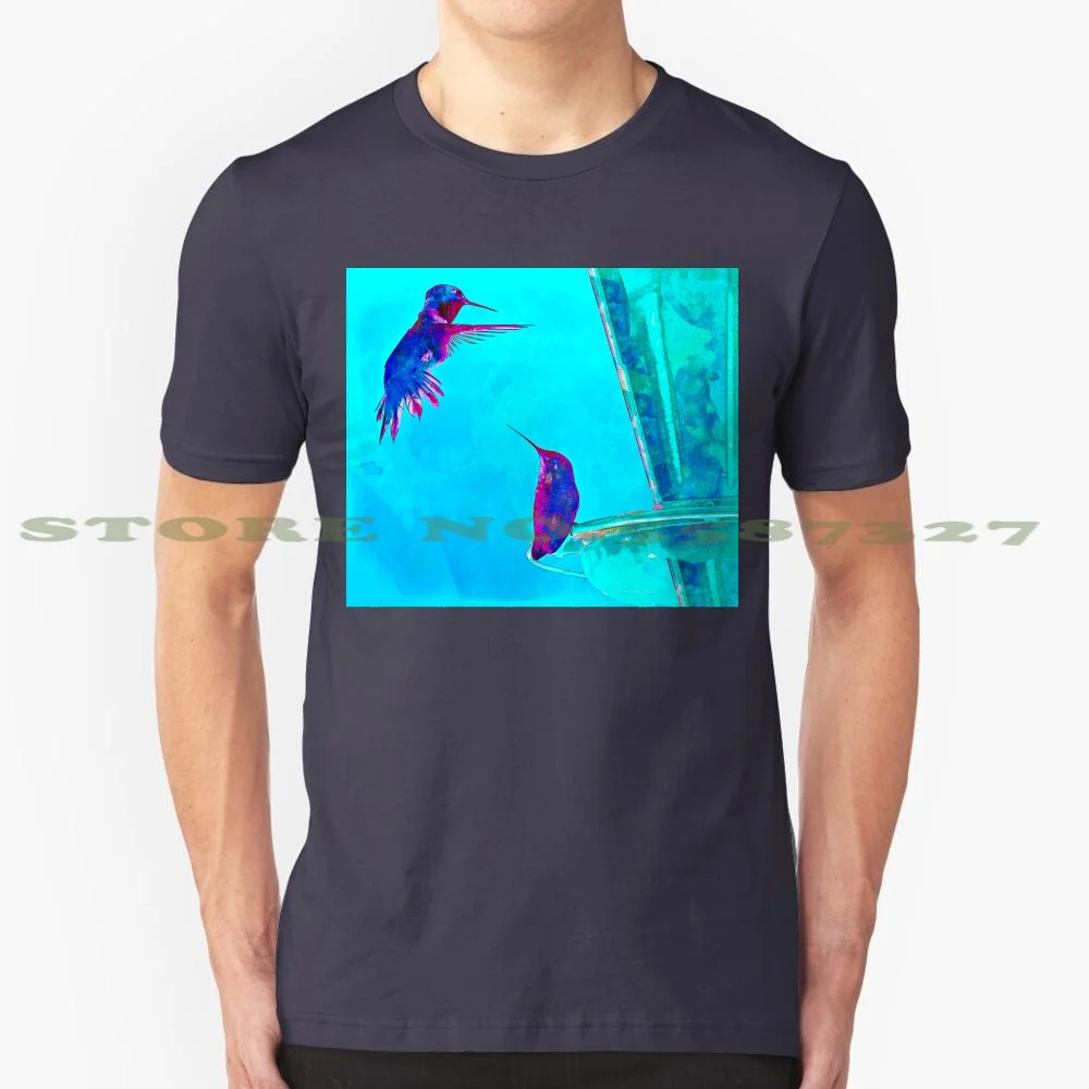 An Invitation To Dine 100% Cotton T-Shirt Carolm Animal Hummingbirds Colorful Bright Cheerful Fun Manipulation Nature Flying