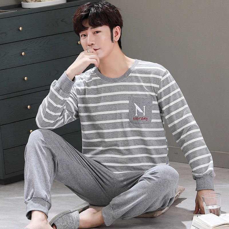 Korean Comfortable Sleepwear for Man Cotton Pajamas Suits Spring Autumn Long Sleeved Sleep Tops pants Home suits hombre Freeship