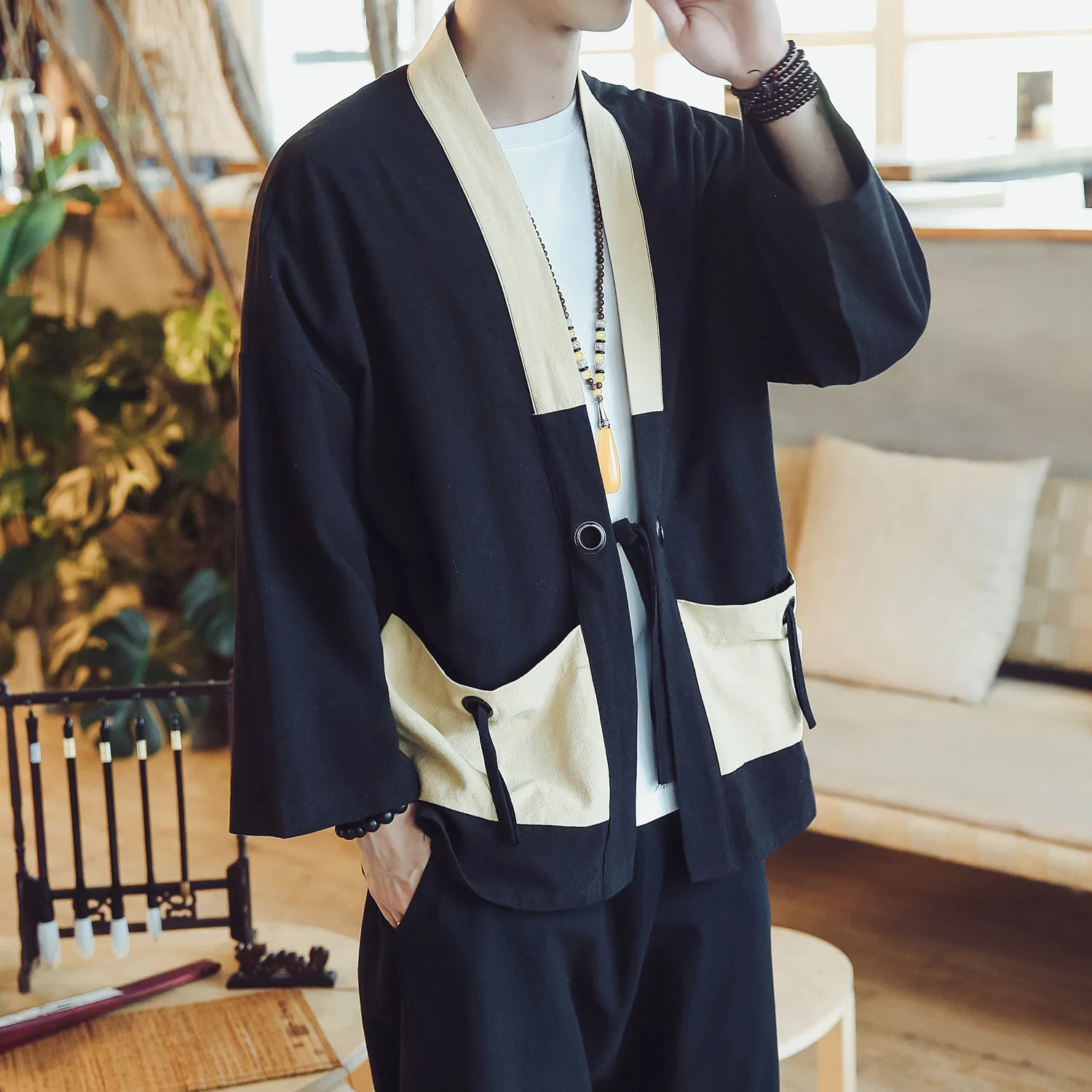 Patchwork Linen Japanese Kimono Cardigan Yukata Chinese Style Men Japan Harajuku Streetwear Samurai Clothes Yukata Haori Obi