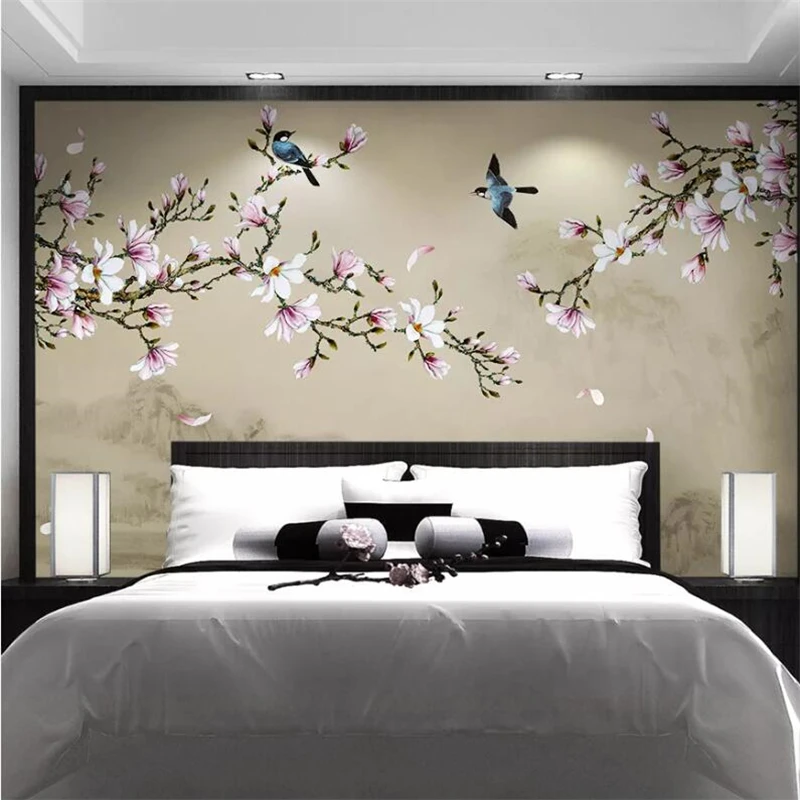 beibehang Custom wallpaper 3D mural magnolia hand-painted pen and flower new Chinese background wall paper decoration painting