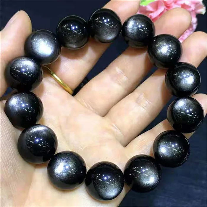 Echte Natuurlijke Zilver Obsidiaan Flash Armband Vrouwen Mannen Stone Stretch Ronde Kralen Crystal 10mm 11mm 12mm 13mm 14mm 15mm AAAAA