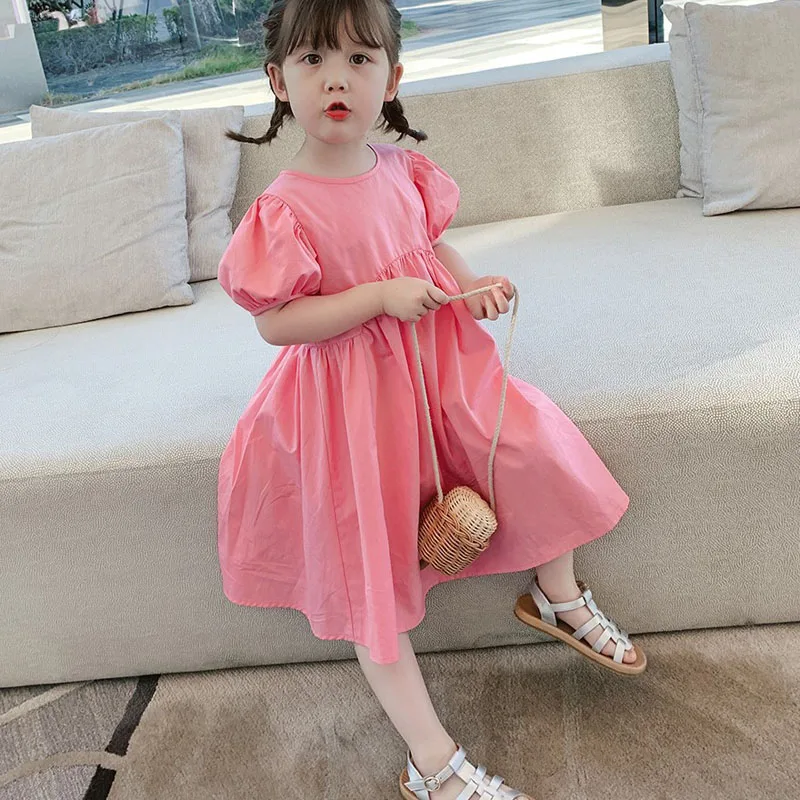 Summer Girls\' Dress Puff Sleeve Vestidos Round Neck Sweet Princess Dress Korean Outfits Baby Kids Children\'S Clothing For Girl