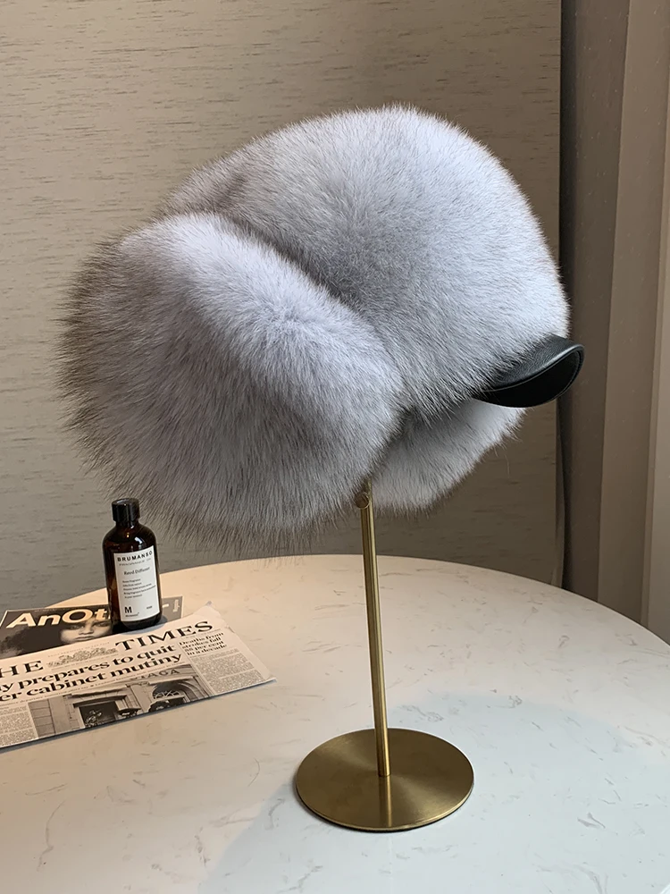 Women's Fur Trapper Hat with Earflap Genuine Silver Fox /Raccoon/Blue Fox/Black Fur Bomber Hat Winter Hats with Pompom Fluffy