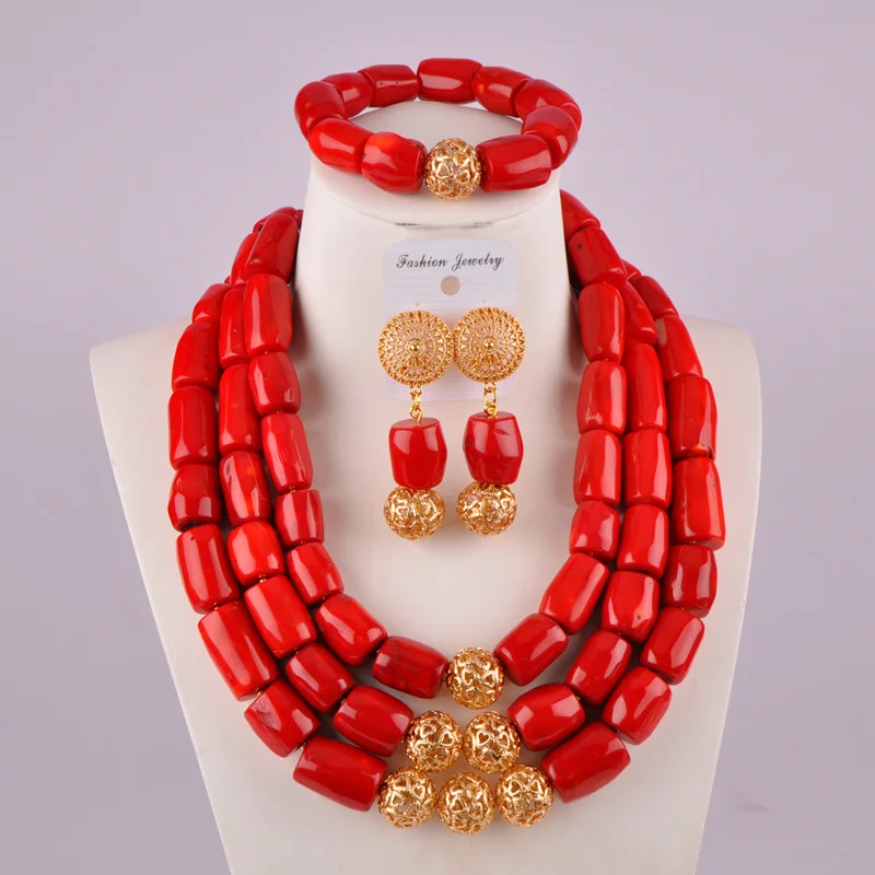 

Luxury red natural cylindrical coral beads African wedding jewelry Nigeria coral beads bridal jewelry set AU-34