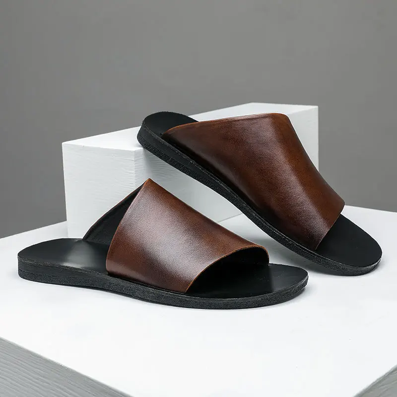 Mens Summer New Genuine Leather Classic Vintage Non-Slip Concise Fashion Male Slippers High Street Casual Korean Style