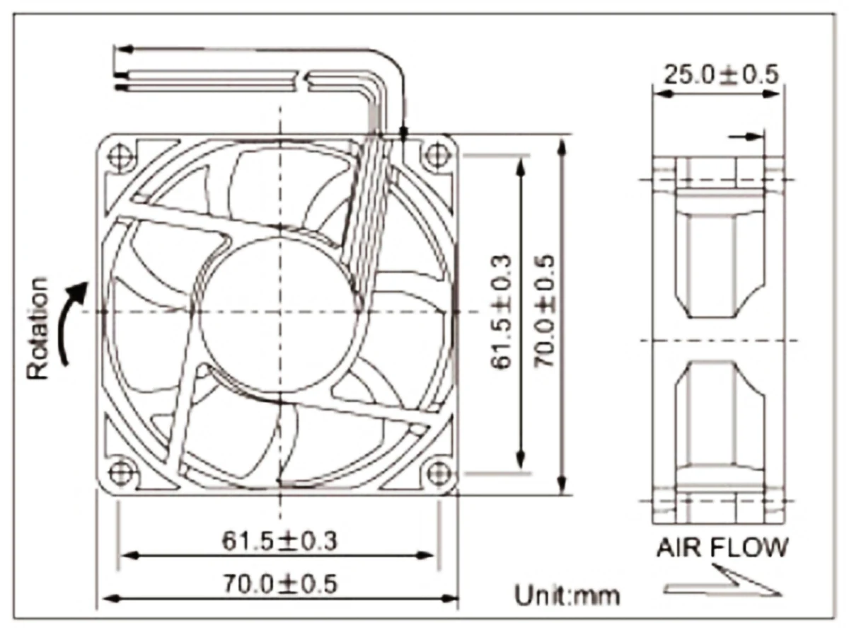 Ventilador de refrigeración de CC sin escobillas, ventilador de 2 pines, 70x70x25mm, 7025, 7 aspas, 5V, 12V, 24V, 0.20A, 1 ud.