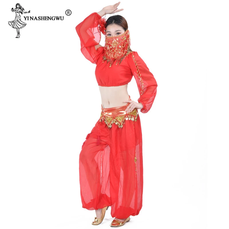 Women Sexy Bollywood Belly Dance Costume Set Indian Sari Bellydance Pants Suit Chiffon Veil Bellydance Performance Bloom Suit