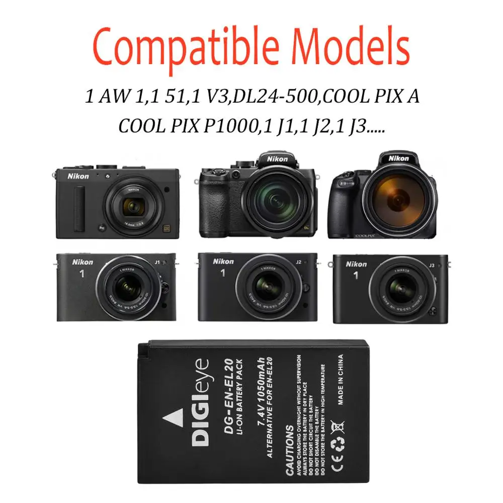 Baterías de EN-EL20 de 1050mAh, para Nikon Coolpix P1000, EN-EL20A, Nikon 1 J1, J2, J3, S1, V3, AW1, Nikon Coolpix A, DL24-500