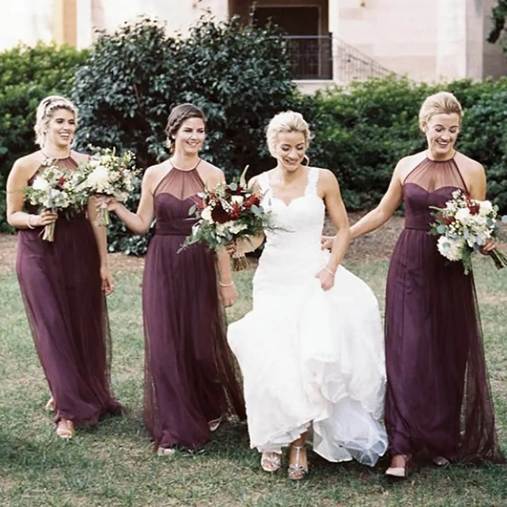 

Burgundy Bridesmaid Dress A-Line Halter Pleat Illusion Tulle Sleeveless Floor Length Wedding Party Gowns Custom Made