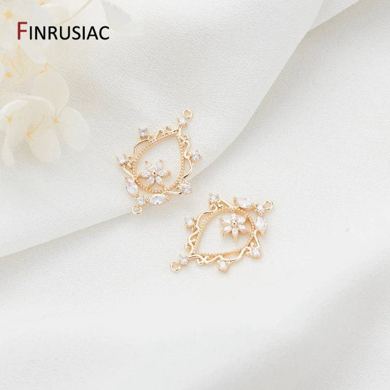 14k Gold Plating Metal Pave Setting Zircon Flower Connectors Charms For Earrings Making, Jewellery Making Luxury Components