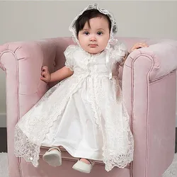 Baby Girls Christening Gown Dress Newborn White Lace Baptism Dress+Cape+Ruffle Hat First Birthday Outfits for Child Bebe 9M 12M