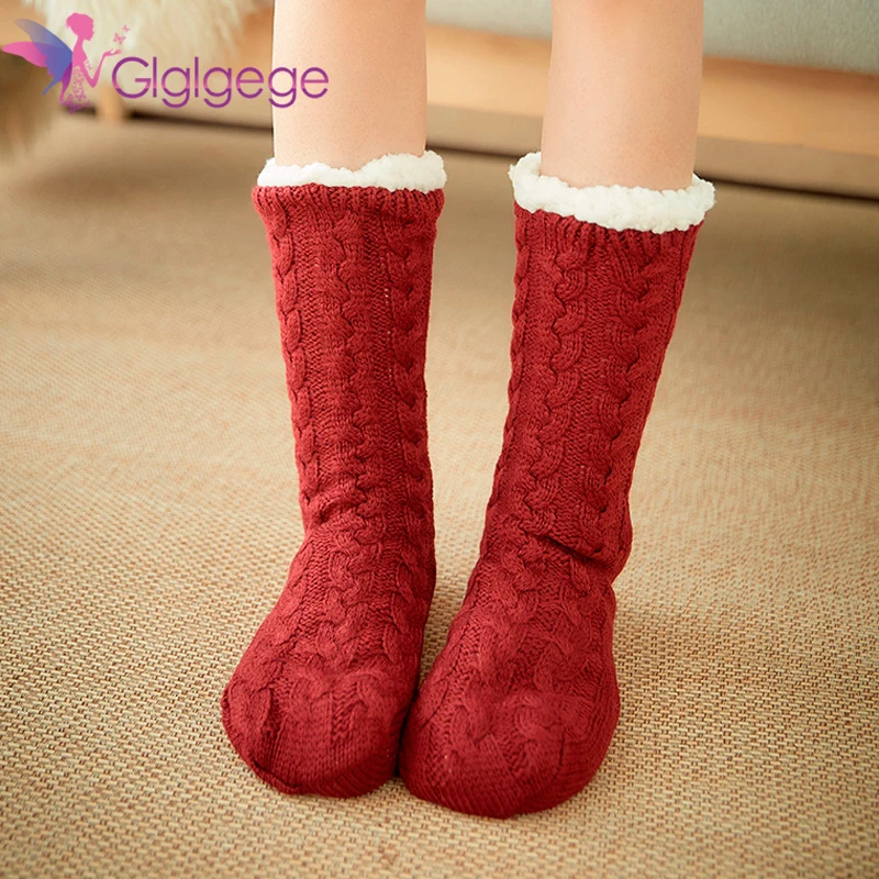 Glglgege inverno addensare peluche calzini di cotone lavorati a maglia donna antiscivolo casa calzini caldi calze a metà polpaccio per pantofole da