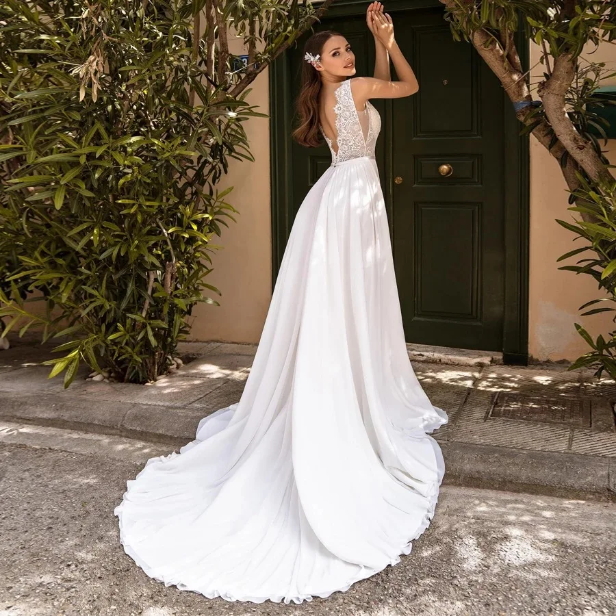 A-Line Chiffon Wedding Dresses Cape Sheer Neckline Lace Appliques Pleat Train Backless Bridal Gown Vestidos De Noiva Customized