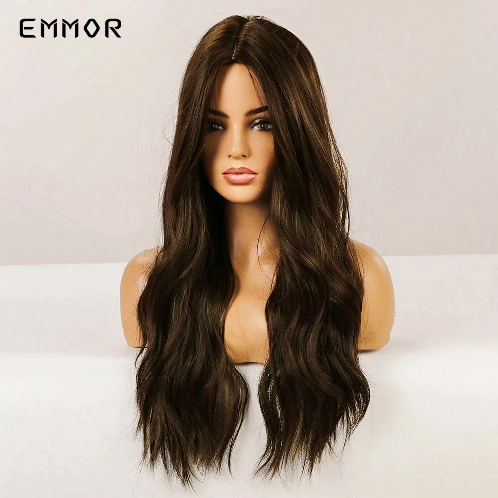 Emmor-Peluca de cabello sintético para mujer, cabellera ondulado Natural de onda larga, color marrón a rubio, resistente al calor, para uso diario