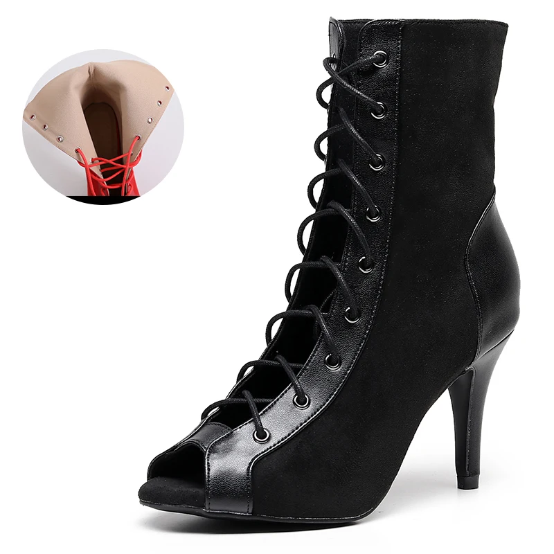 Women Flannel Latin Dance Sheos Balck Red Soft Sole Bachata Salsa Dancing Shoes For Girls Lace Up Ballroom Dance-shoes