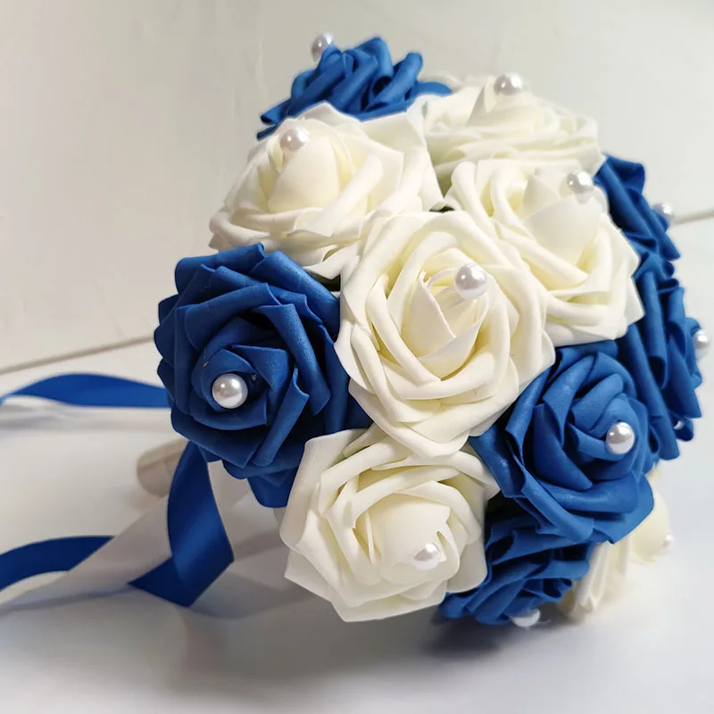 Blue Ribbon Bride Bouquet Wedding Flowers Foam Roses PE Artificial Pearl Silk Bridal Bridesmaid Holder White Wedding Accessories